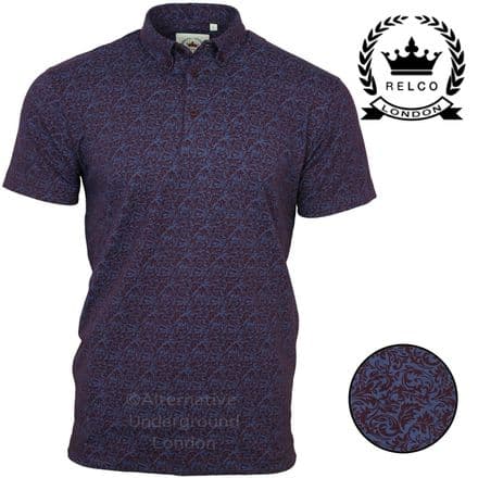 Relco Mens Purple Printed Cotton Paisley Floral Short Sleeve Polo Shirt Mod NEW
